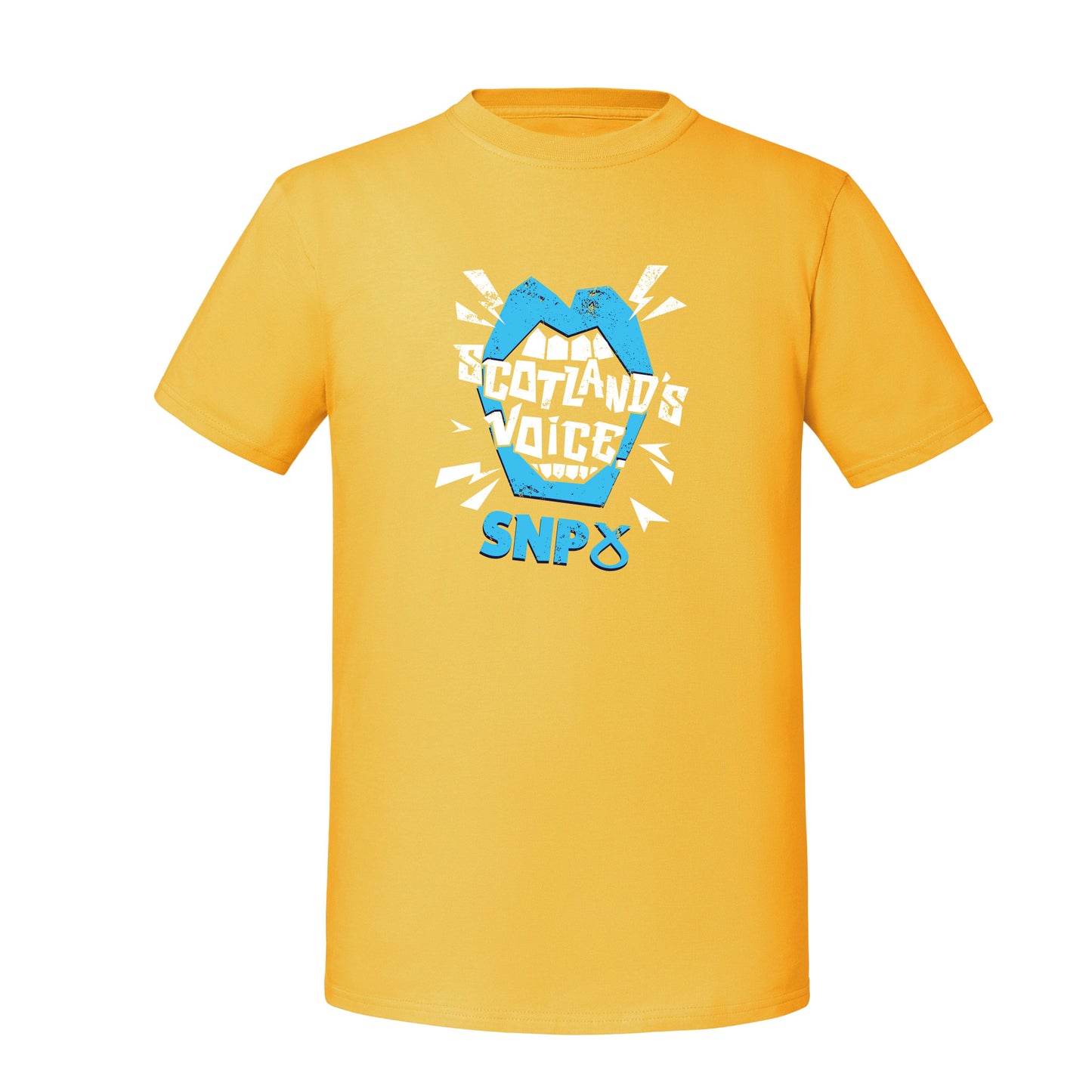 Yellow T-Shirt with Scotland's Voice design above the SNP logo