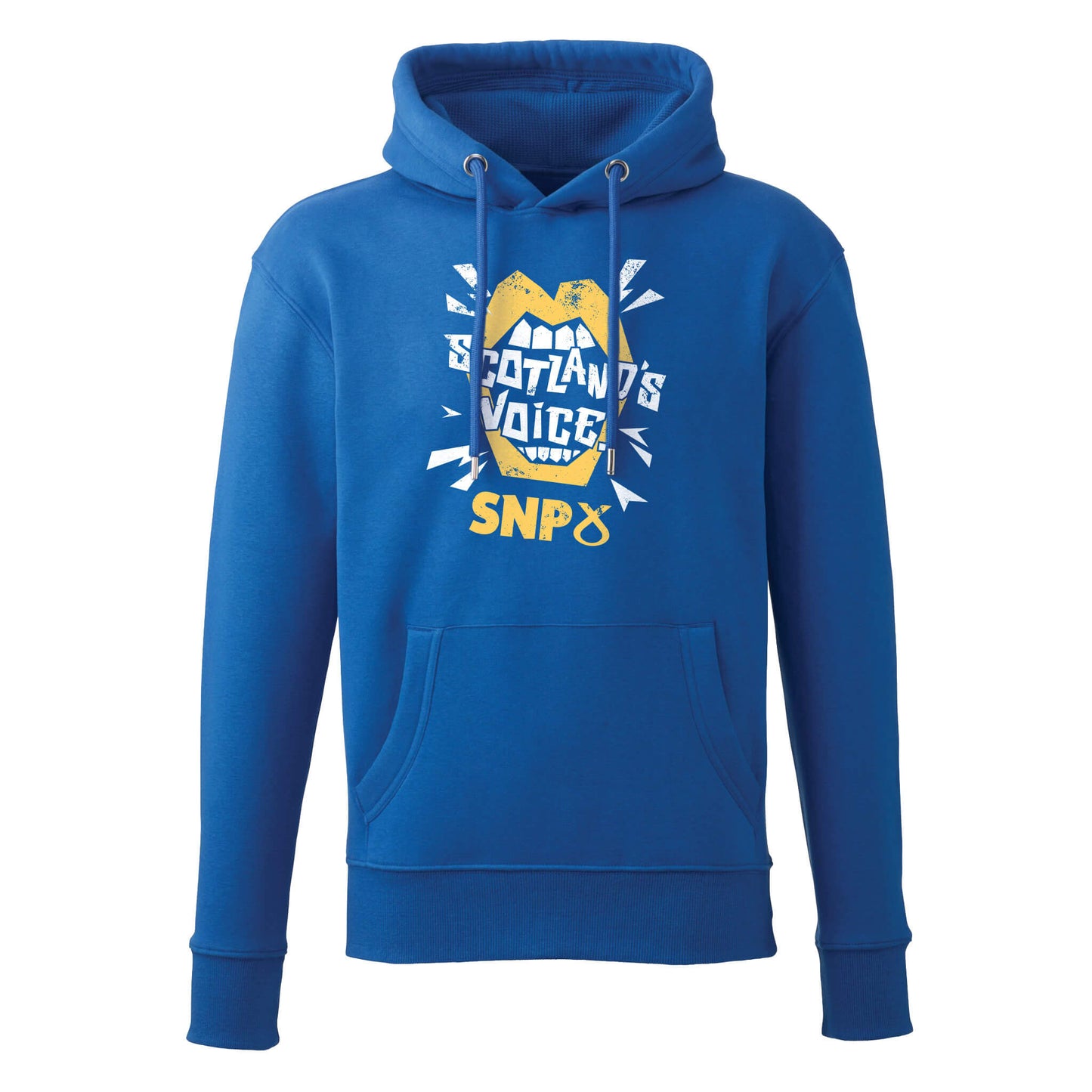 A Royal Blue Hoodie with Scotland's Voice design above the SNP logo