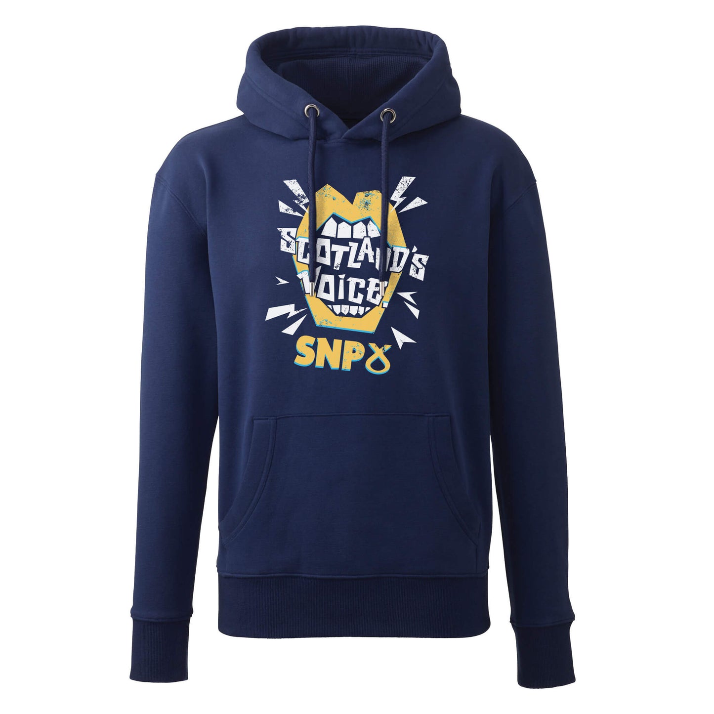 A Navy Hoodie with Scotland's Voice design above the SNP logo