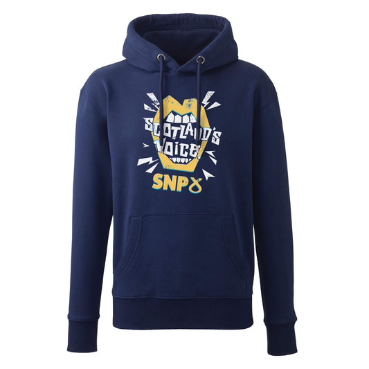 A Navy Hoodie with Scotland's Voice design above the SNP logo