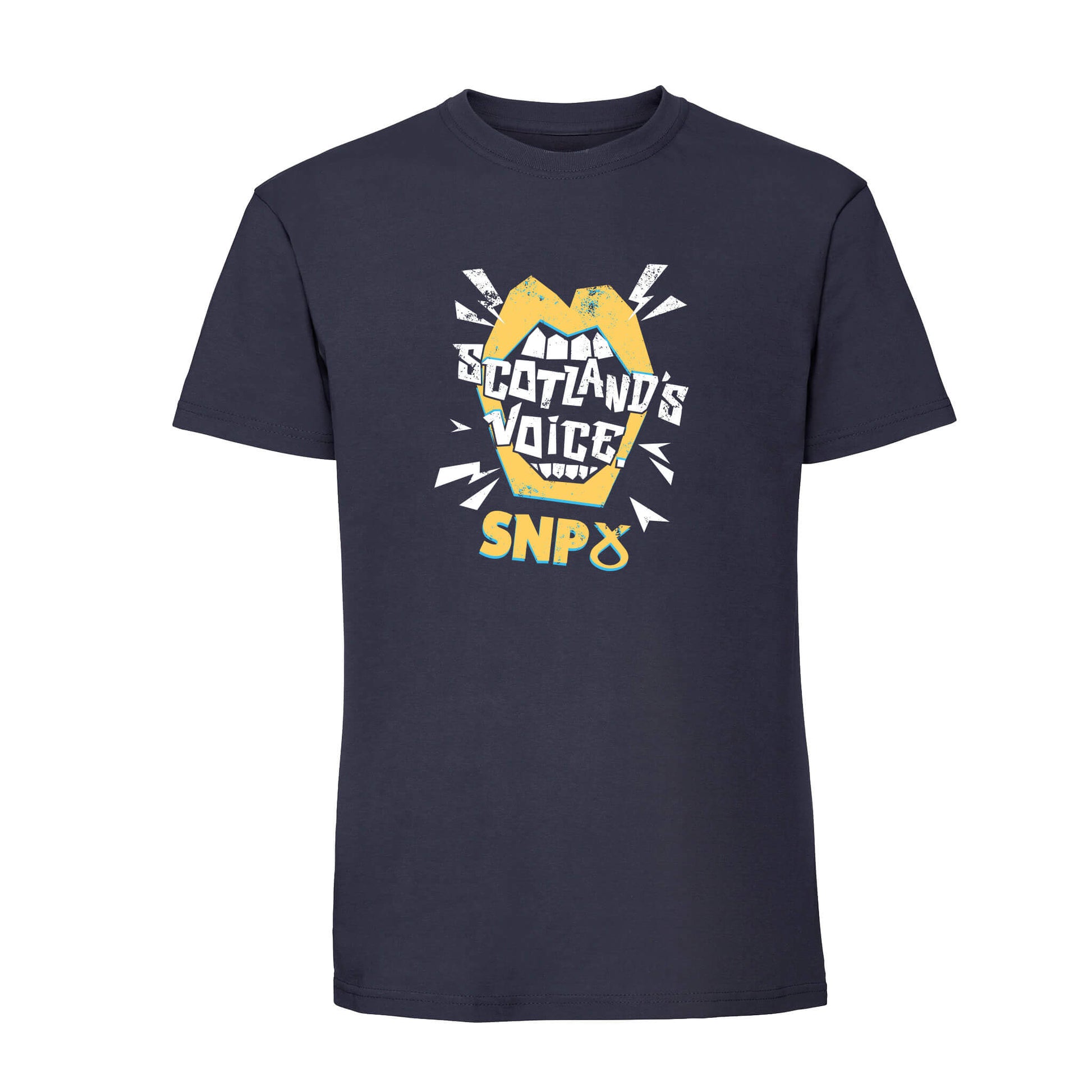 Navy T-Shirt with Scotland's Voice design above the SNP logo