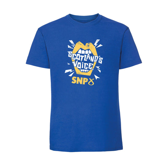 Royal Blue T-Shirt with Scotland's Voice design above the SNP logo