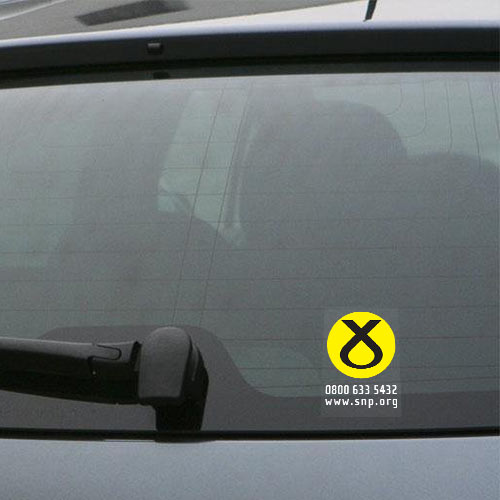 Small SNP Car Window Sticker shown on car window